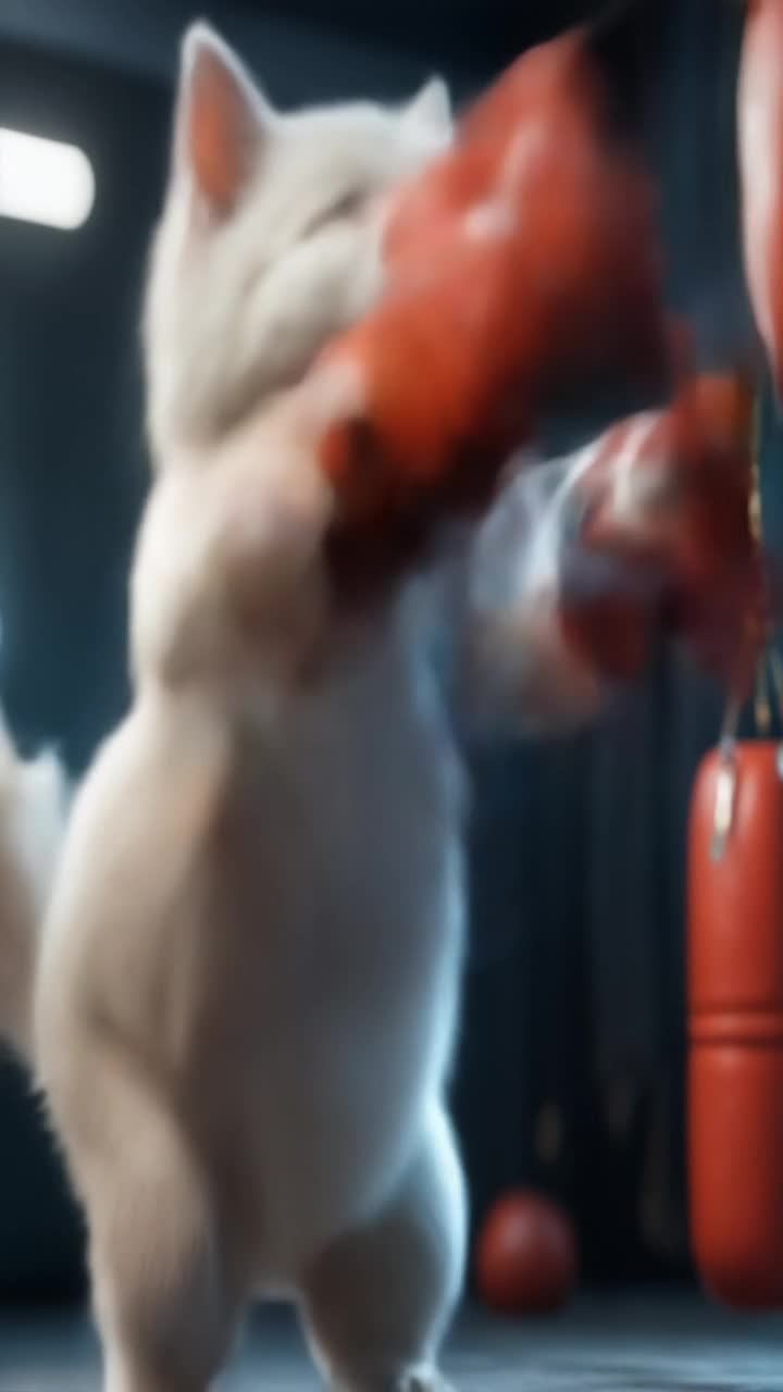 一只拟人化的白色猫，有着蓝色的眼睛，在健身房里击打