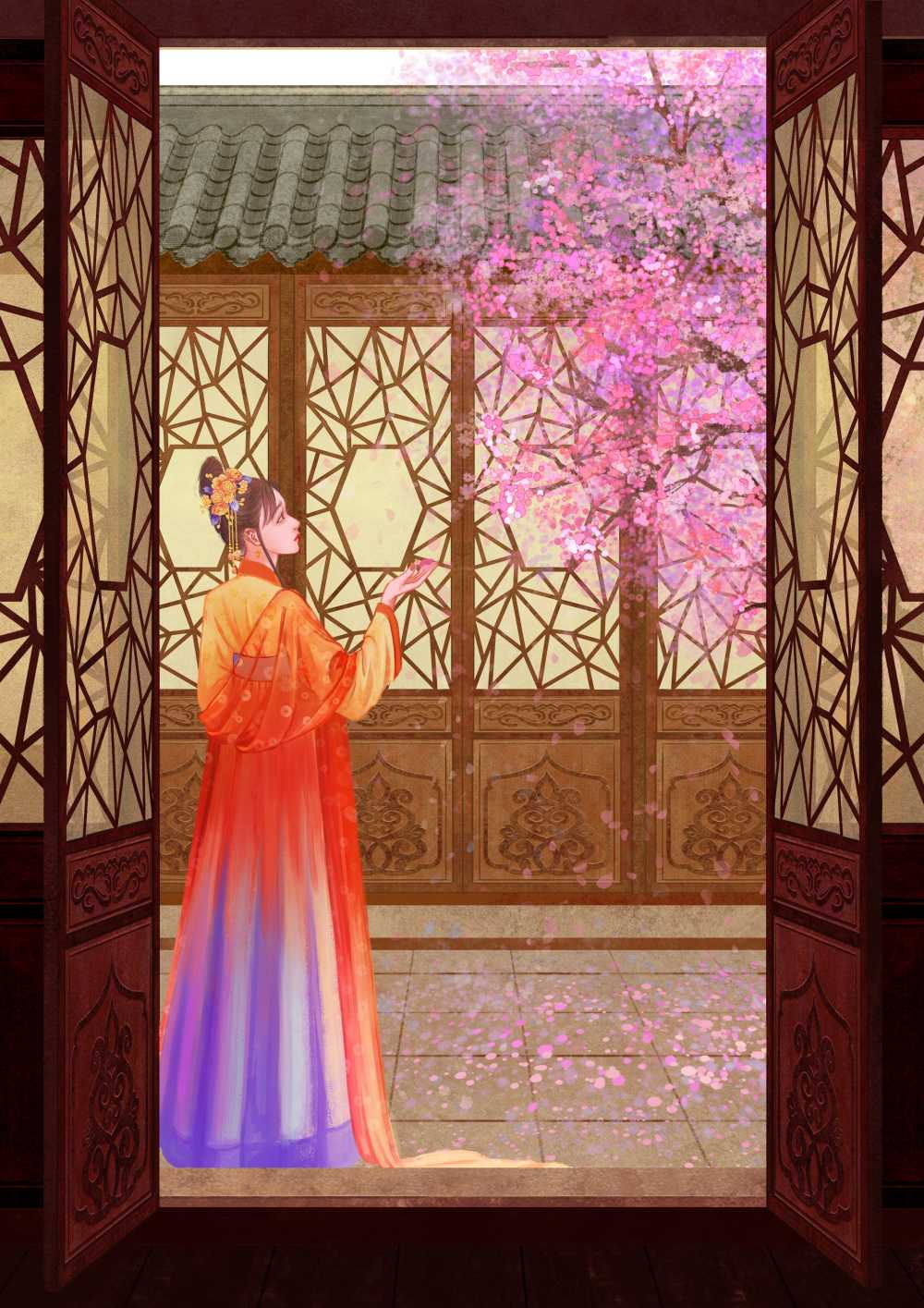 光影古风汉服少女站在中式传统庭院中赏花