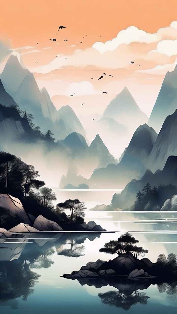 国风水彩画山水风景插画 11