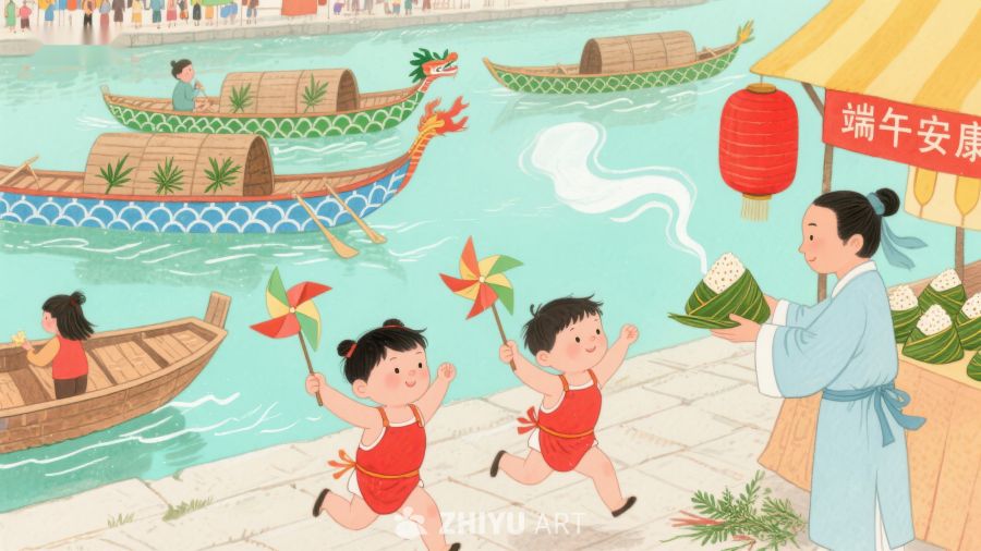 端午节龙舟竞渡与孩童嬉戏 60