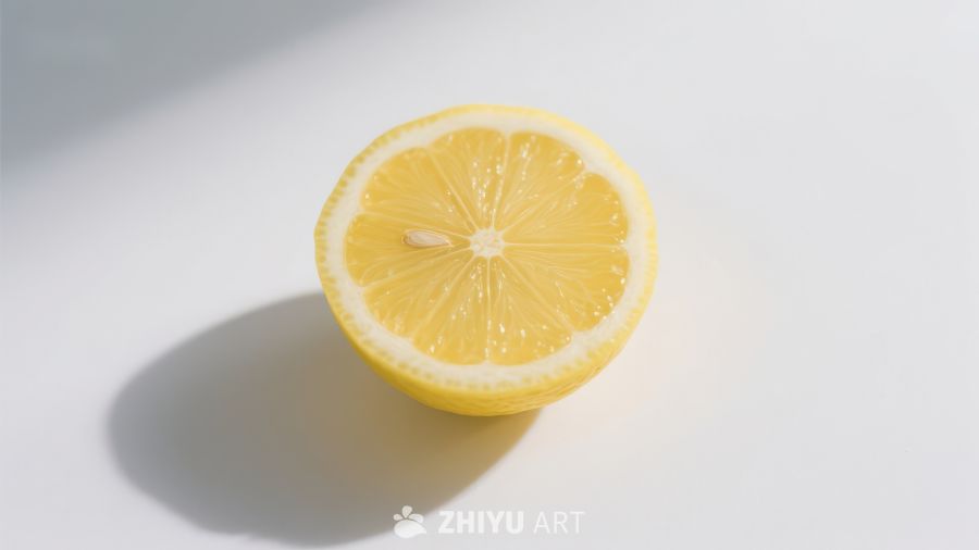切开的柠檬半片，阳光照射