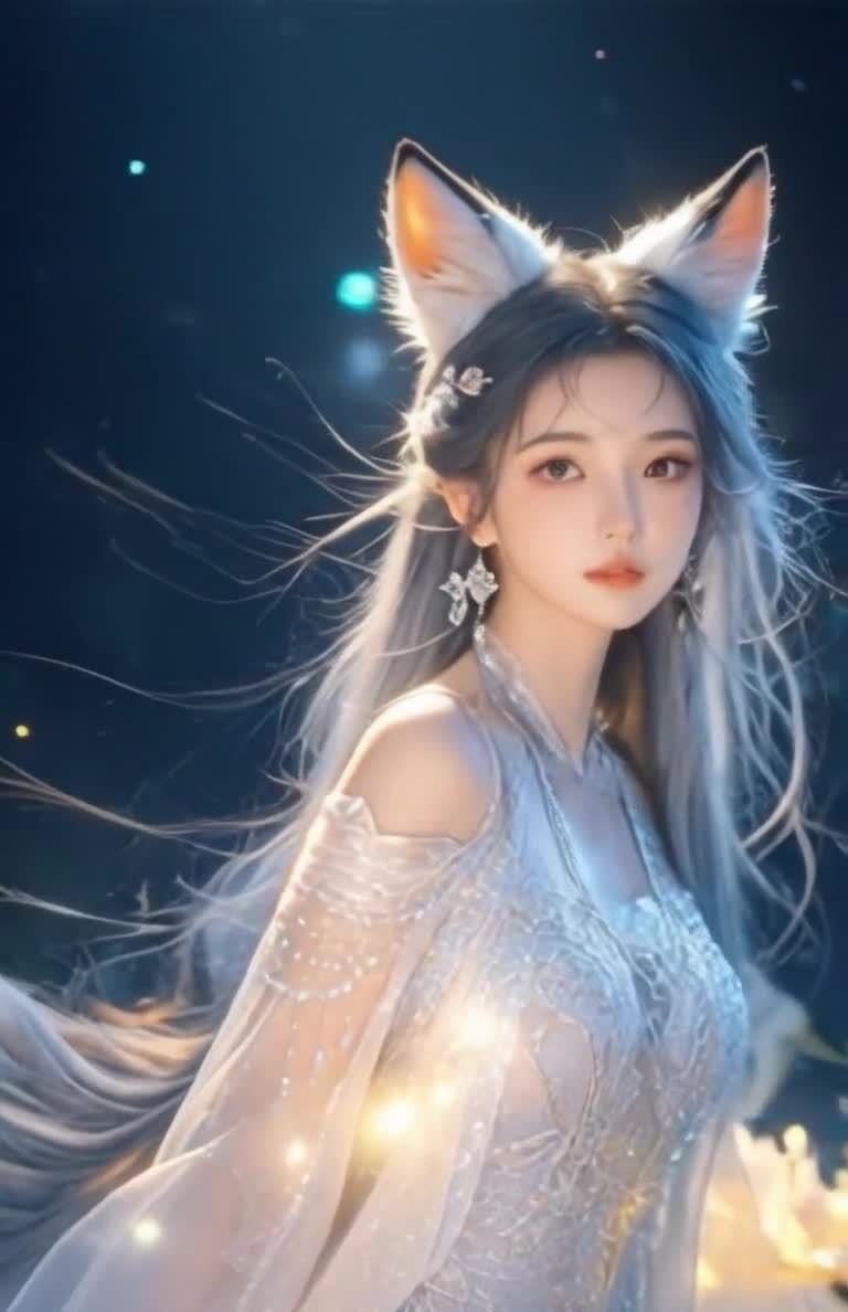 戴狐狸耳朵的银裙女子，星光点缀的梦幻背景