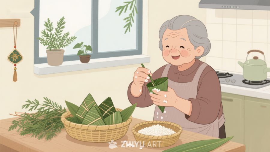厨房中的老人正在包粽子 16