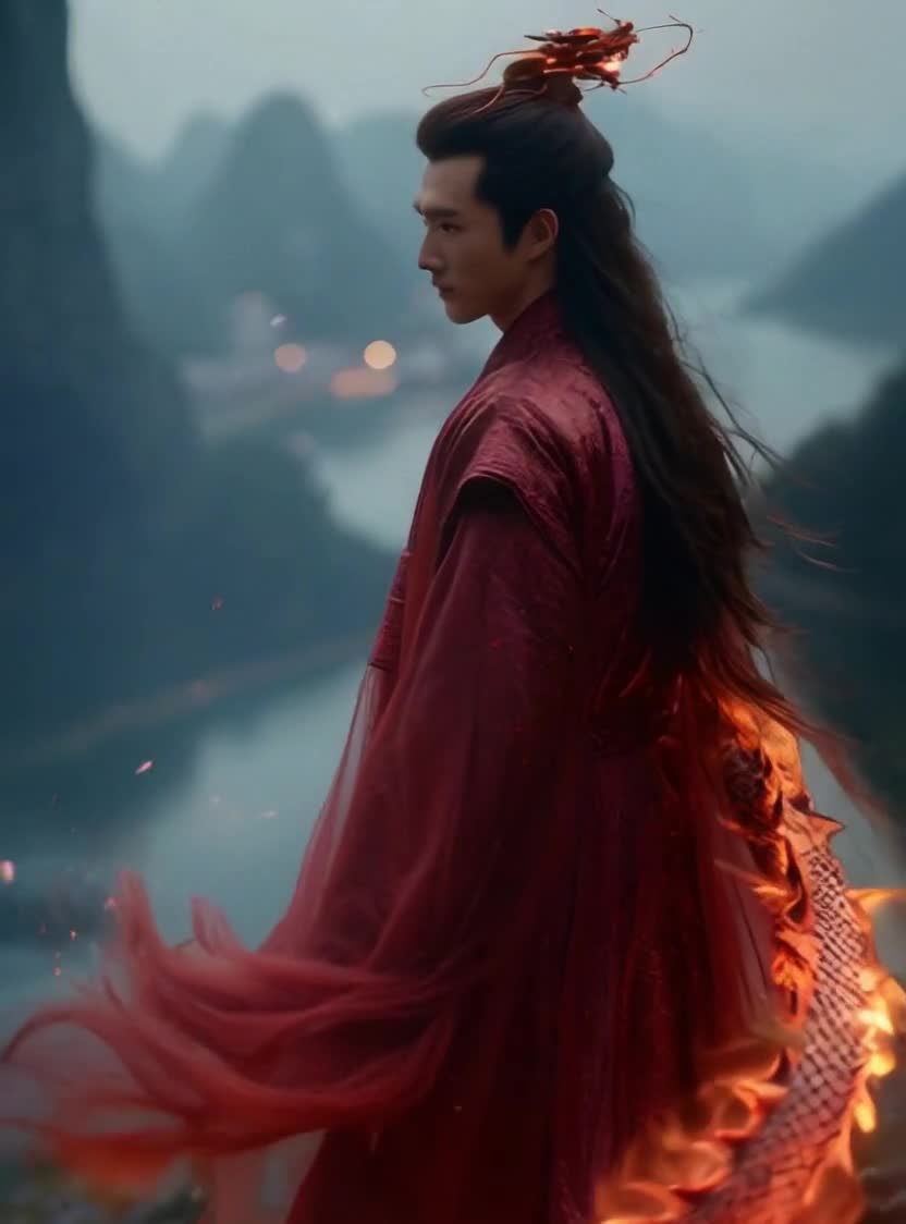 红衣男子立于山坡，火海衬托，远眺山河。