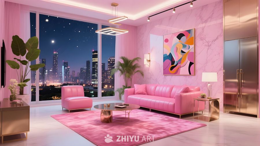 都市轻奢风粉色客厅大理石墙配城市夜景窗粉沙发金属家具时尚精致