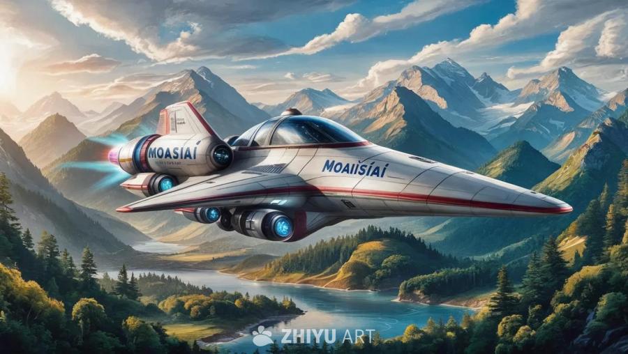 手绘风格的宇宙飞船，带有“moaisiai”标志，
