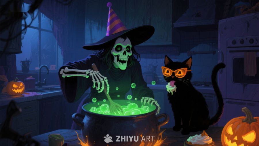 万圣节女巫与黑猫的魔法之夜