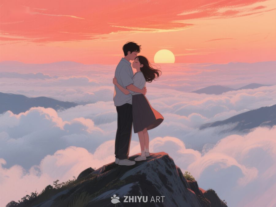 山顶情侣拥抱，云海日落美景 652