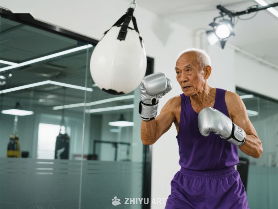 老人健身房内练习拳击 424