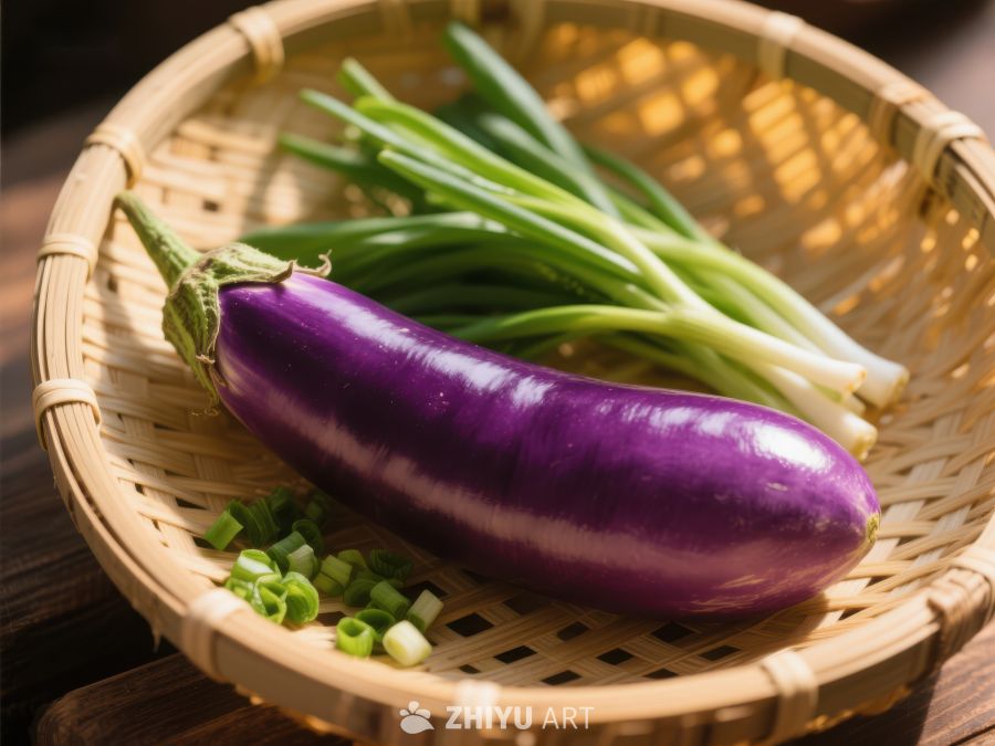 紫茄子与青葱置于竹篮中 854