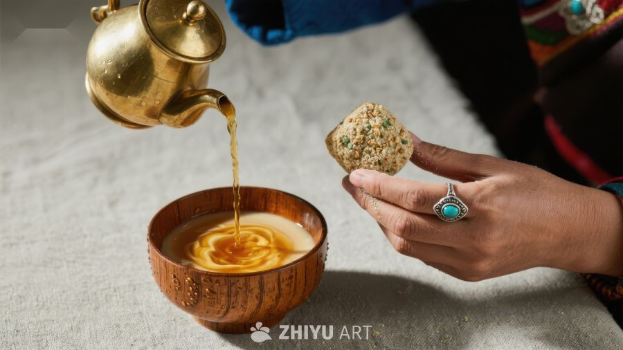 传统茶饮倒入木碗，手握特色糕点