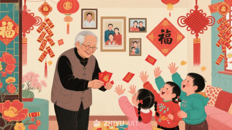 爷爷发放红包，孩子们欢庆新年 1176