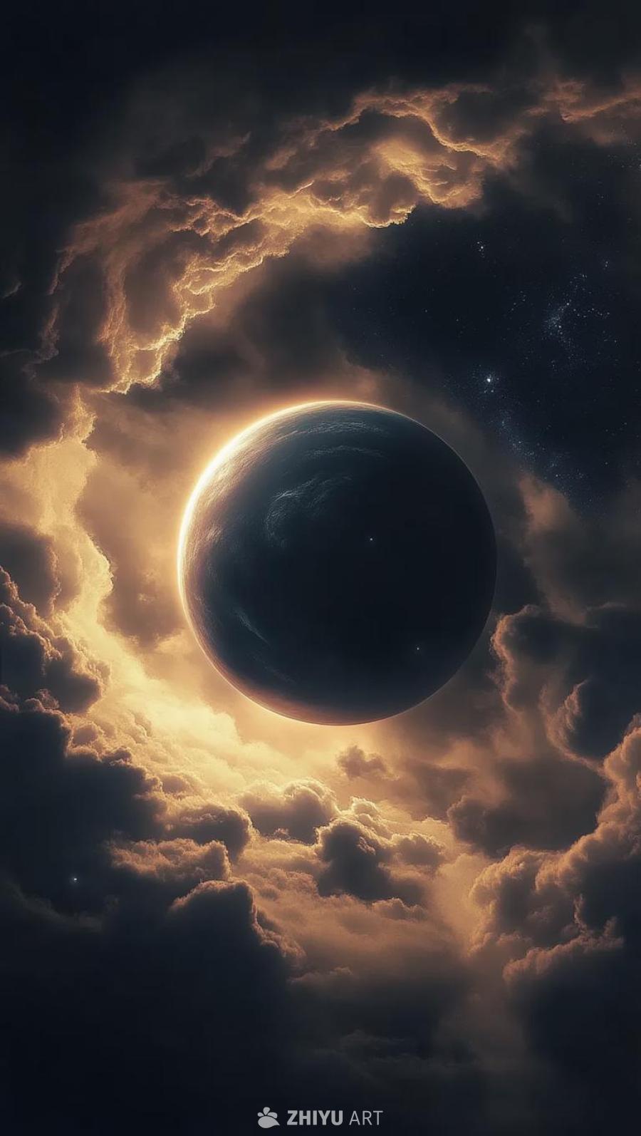 深色电影感的太空天空中，翻滚的乌云环绕着一颗隐藏在