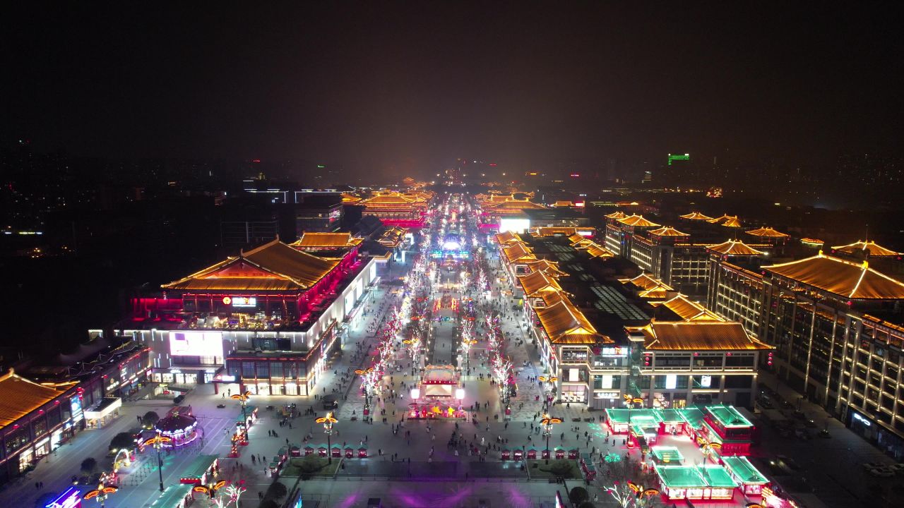 西安大唐不夜城夜景灯光人流航拍