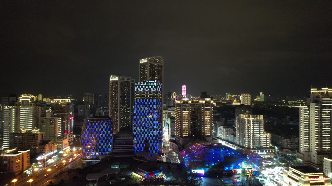 广西柳州市中心夜景灯光航拍 