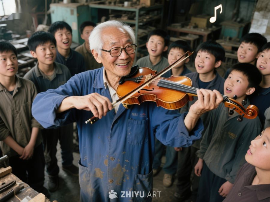 老人演奏小提琴，孩子们围观 236